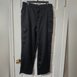 Vanilla Star Satin Wide Leg Black Cargo Pants, Drawcord Cinch Hem, Sz XL, EUC!